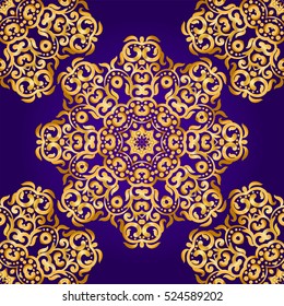 Rich gold seamless pattern in the Indian style. Bohemian Cards with mandalas. Royal purple and gold ornament. Unique template for design or backdrop.