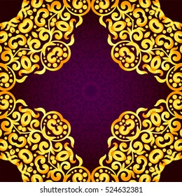 Rich gold seamless pattern in the Indian style. Bohemian Cards with mandalas. Royal purple and gold. Unique template for design or backdrop.