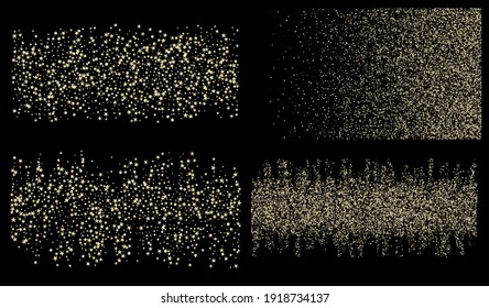 Rich Gold, Silver Glitter, Sparkles, Gradient Stars Confetti. Gold, Silver VIP Flying Stars Confetti. Premium Luxury New Year Christmas Decoration Vector Background. Sparkling Winter Texture.