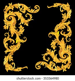 Rich gold vector baroque curly ornamental corners for design and decoration on black background
