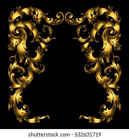 Rich gold vector baroque curly ornamental corners for design and decoration on black background.