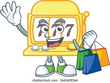 A rich golden slot machine cartoon design waving and holding Shopping bag