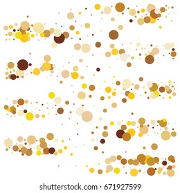 Rich golden vector sparkling circles confetti stripes falling down. VIP premium design element. Christmas, new year celebration. Luxurious background, romantic glitter, shining sparkles on white.