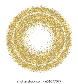 Rich golden vector sparkling confetti round frame. Luxurious background, golden glitter, shining sparkles on white background. VIP premium design element. Christmas, new year celebration, decoration.