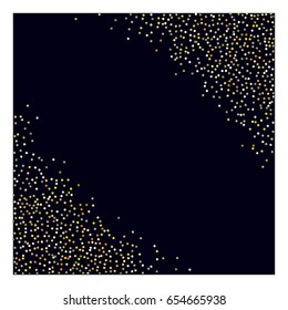 Rich golden vector sparkling confetti falling down. Luxurious background, golden glitter, shining sparkles on black background. Christmas, new year, birthday party celebration, fireworks. Edge frame.