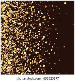 Rich golden vector sparkling confetti falling down. VIP premium design element. Christmas, new year celebration, star dust. Luxurious background, golden glitter, shining sparkles on brown background.