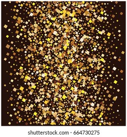 Rich golden vector sparkling confetti falling down. VIP premium design element. Christmas, new year celebration, star dust. Luxurious background, golden glitter, shining sparkles on brown background.