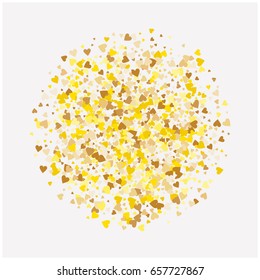 Rich golden vector sparkling hearts confetti round frame background. Modern VIP premium design element. Christmas, new year celebration. Luxurious background, golden glitter, shining sparkles on white