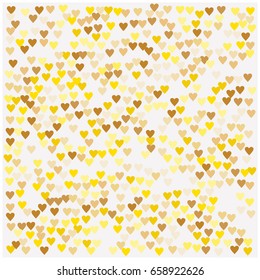 Rich golden vector sparkling hearts confetti falling down. Christmas, new year celebration. Luxurious background, golden glitter, shining sparkles on white background. VIP premium design element.