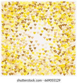 Rich golden vector sparkling hearts confetti falling down. Christmas, new year celebration. Luxurious background, golden glitter, shining sparkles on white background. VIP premium design element.