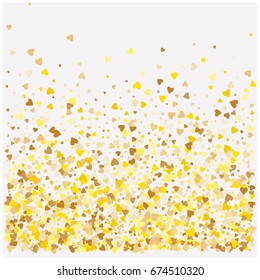 Rich golden vector sparkling hearts confetti falling down. Christmas, new year celebration. Luxurious background, golden glitter, shining sparkles on white background. VIP premium design element.