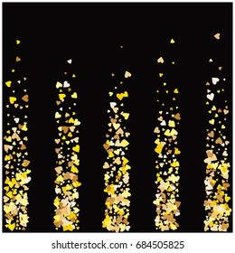 Rich golden vector sparkling hearts confetti stripes falling down. VIP premium design element. Christmas, new year celebration. Luxurious background, romantic glitter, shining sparkles on black.