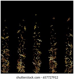 Rich golden vector sparkling music signs confetti falling down. VIP premium design. Christmas, new year celebration. Music festival background, luxury gold glitter, shining sparkles, black background.
