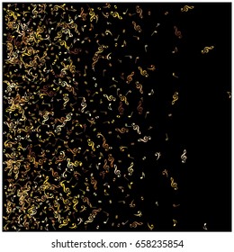 Rich golden vector sparkling music signs confetti falling down. VIP premium design. Christmas, new year celebration. Music festival background, luxury gold glitter, shining sparkles, black background.