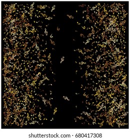 Rich golden vector sparkling music signs confetti falling down. VIP premium design. Christmas, new year celebration. Music festival background, luxury gold glitter, shining sparkles, black background.