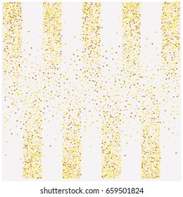 Rich golden vector stripes sparkling hearts confetti falling down. Christmas, new year celebration. Luxurious background, gold glitter, shining sparkles on white background. VIP premium design element