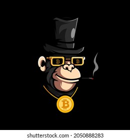 rich gorilla wearing bitcoin necklace while smoking mascot logo design illustration vector svg