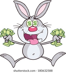 Rich Gray Rabbit Cartoon Character Jumping With Cash. Vector Illustration Isolated on white