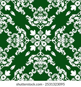 Um fundo verde rico adornado com intrincados padrões florais brancos, criando um design de damasco luxuoso e clássico.