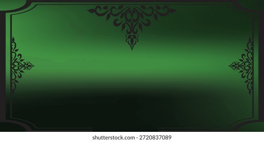 A rich green background featuring intricate, dark ornate designs in the corners and top center, creating a sophisticated and decorative frame.