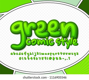 Rich green comic font on comics book page. Multilevel cartoon alphabet, typeface in style of pop art. Multilayer funny letters, figures.
