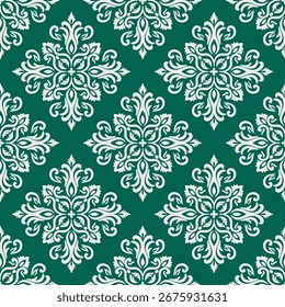 Un rico patrón de damasco verde adornado con motivos florales y de hojas.