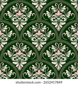 Padrão de damasco verde rico com ornamentos florais clássicos. Uma escolha sofisticada para impressões sazonais, embrulho de presente e detalhes interiores.
