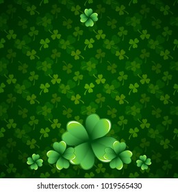 Rich green Saint Patrick's Day frame with four-leaf clover shamrock leaves. Irish festival celebration greeting card design background. Square backdrop.