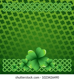 Rich green Saint Patrick's Day frame with four-leaf clover shamrock leaves. Irish festival celebration greeting card design background. Celtic interlaced knots square borders.