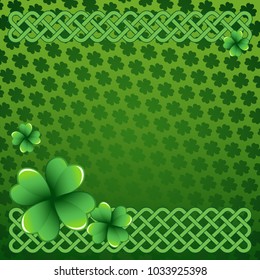 Rich green Saint Patrick's Day frame with four-leaf clover shamrock leaves. Irish festival celebration greeting card design background. Celtic interlaced knots square borders.