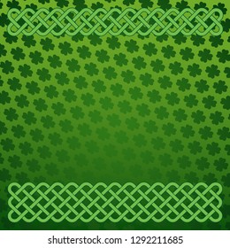 Rich green Saint Patrick's Day frame with four-leaf clover shamrock leaves pattern. Irish festival celebration greeting card design background. Celtic interlaced knots square borders.