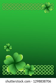 Rich green Saint Patrick's Day frame with four-leaf clover shamrock leaves. Irish festival celebration greeting card design background. Celtic interlaced knots vertical backdrop.