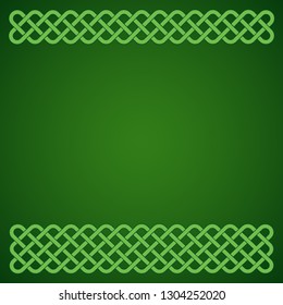 Rich green Saint Patrick's Day frame. Irish festival celebration greeting card design background. Celtic interlaced knots square backdrop.