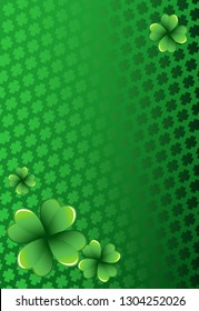 Rich green Saint Patrick's Day frame with four-leaf clover shamrock leaves. Irish festival celebration greeting card design background. Vertical backdrop.