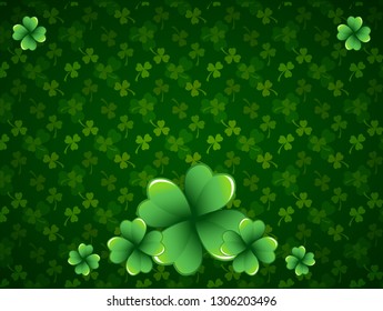 Rich green Saint Patrick's Day frame with four-leaf clover shamrock leaves. Irish festival celebration greeting card design background. Horizontal backdrop.