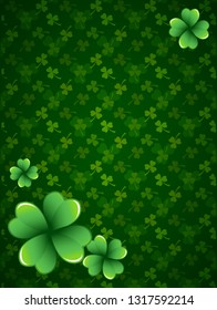 Rich green Saint Patrick's Day frame with four-leaf clover shamrock leaves. Irish festival celebration greeting card design background. Vertical backdrop.