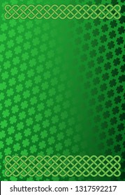Rich green Saint Patrick's Day frame with four-leaf clover shamrock leaves pattern. Irish festival celebration greeting card design background. Celtic interlaced knots vertical backdrop.