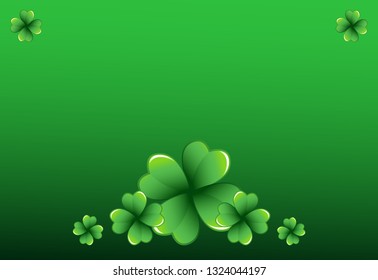 Rich green Saint Patrick's Day frame with four-leaf clover shamrock leaves. Irish festival celebration greeting card design background. Horizontal backdrop.