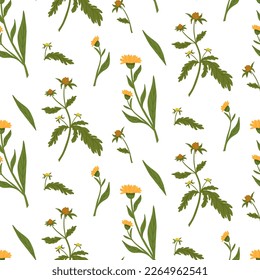 Rich green samless patern with string and calendula. Field and wild flowers