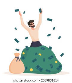 Rich guy in money. Man was lucky and now he swimming in dollars. Character leaning out of pile of cash. Millionaire demonstrate success. Cartoon flat vector illustration isolated on white background