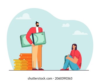 Rich guy and poor girl vector illustration. Young businessman with cash and coins and poor woman in shabby clothes. Business, money, wealth, poverty concept for banner, website design or landing page