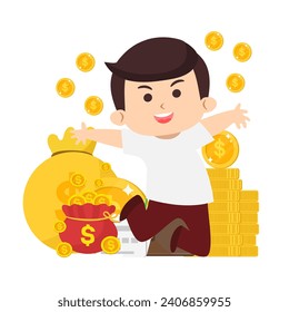 Rich happy businessman , success businessman earn investment profit,  financial independence retire early concept, rich happy businessman lay down singing on pile of money coins and banknotes.