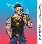 Rich hipstet with cigar - cartoon character. Boss gangster in sunglasses with gold chain. Brutal man smokes cigar near the club. Fashionable rapper with cigar in hand. Boy with gold watch on his hand