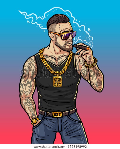 Rich hipstet with cigar - cartoon character. Boss\
gangster in sunglasses with gold chain. Brutal man smokes cigar\
near the club. Fashionable rapper with cigar in hand. Boy with gold\
watch on his hand