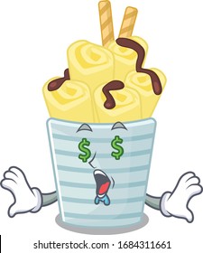 Rich ice cream banana rolls with Money eye mascot character style