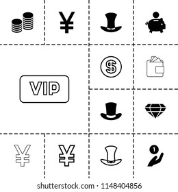 Rich icon. collection of 13 rich filled and outline icons such as hat, coin, coin on hand, piggy bank, yuan, dollar coin, gem, vip. editable rich icons for web and mobile.