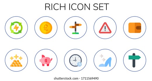 rich icon set. 10 flat rich icons.  Simple modern icons such as: save, ingots, pound sterling, piggy bank, sign, signs, cinderella, wallet