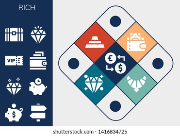 rich icon set. 13 filled rich icons.  Collection Of - Money exchange, Piggy bank, Signs, Diamond, Piggybank, Vip, Wallet, Chest, Ingots, Jewel