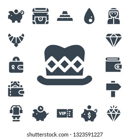 rich icon set. 17 filled rich icons.  Collection Of - Piggy bank, Jewel, Wallet, Top hat, Diamond, Sign, Chest, Piggybank, Ingots, Vip, Liquify, Bedouin