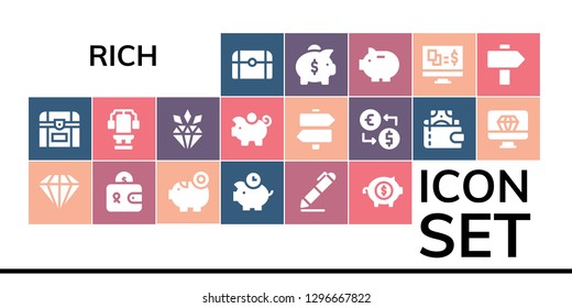  rich icon set. 19 filled rich icons. Simple modern icons about  - Treasure, Chest, Diamond, Wallet, Piggy bank, Piggybank, Signing, Signs, Money exchange, Gambling, Sign